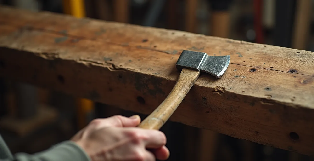 Gros plan sur un humidimètre professionnel mesurant le taux d'humidité d'une poutre