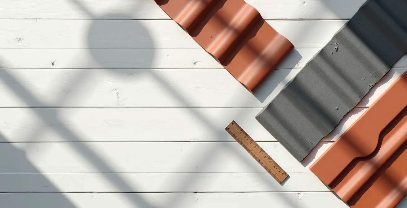 Table de travail avec échantillons de tuiles et documents techniques professionnels