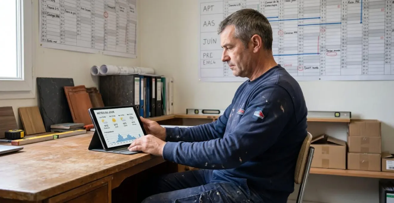 Couvreur professionnel consultant les prévisions météorologiques sur tablette dans un bureau d'entreprise artisanale, planning mural visible en arrière-plan, environnement de travail authentique du secteur BTP