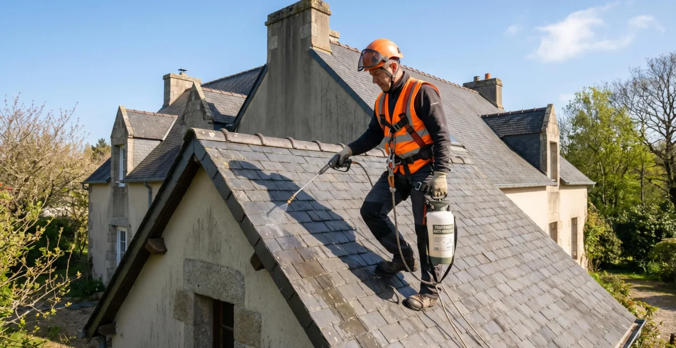 Couvreur professionnel appliquant un traitement anticryptogamique sur une toiture en ardoise sous un ciel dégagé de printemps, équipé de matériel de pulvérisation basse pression et d'équipements de sécurité, sur une maison individuelle française typique