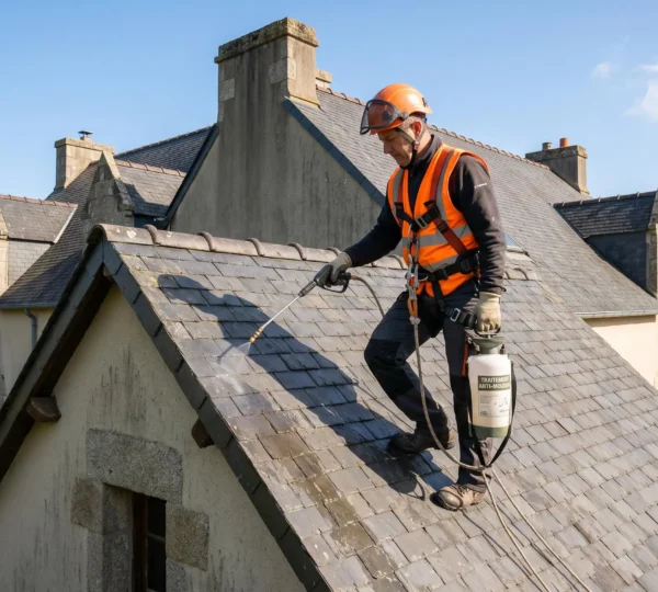 Couvreur professionnel appliquant un traitement anticryptogamique sur une toiture en ardoise sous un ciel dégagé de printemps, équipé de matériel de pulvérisation basse pression et d'équipements de sécurité, sur une maison individuelle française typique