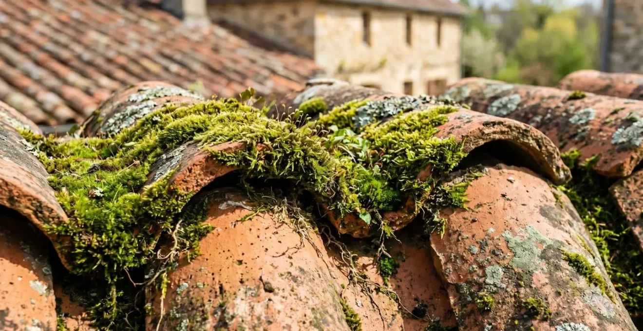 Gros plan sur tuiles terre cuite françaises colonisées par des mousses vertes et lichens au printemps, montrant la pénétration des végétaux dans la porosité du matériau